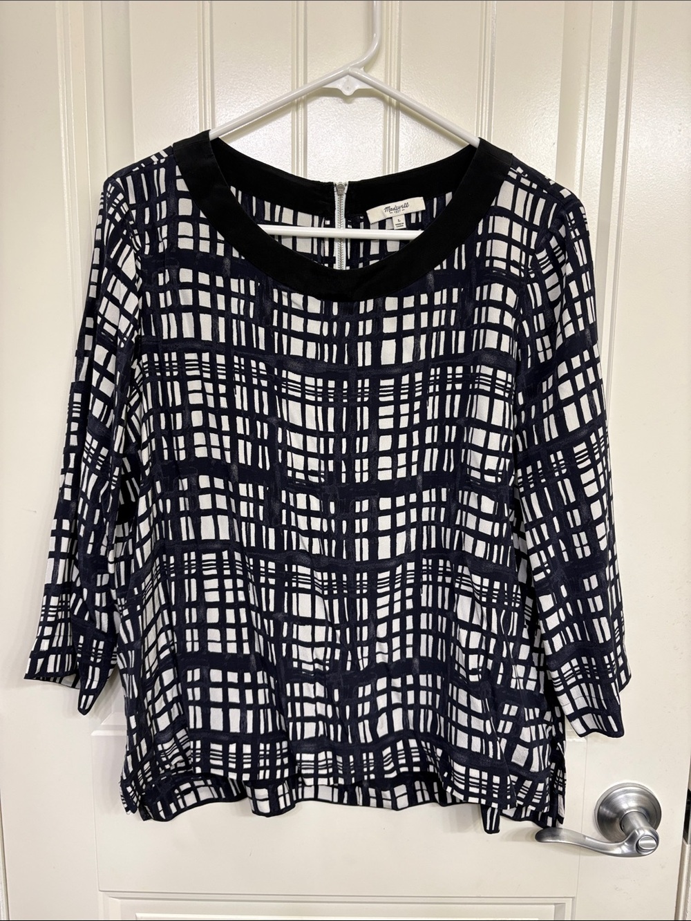 Madewell 100% Silk Navy & White Grid-Print Scoop Neck 3/4 Sleeve Top